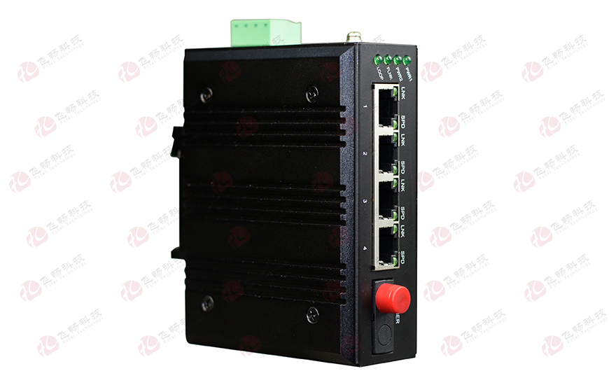 飛暢科技-mini工業(yè)軌式 4路百兆(物理隔離，總帶寬100M)轉(zhuǎn)1路百兆光